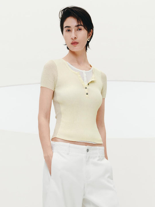 2 In 1 Contrast Henley Neck Knitted T-Shirts