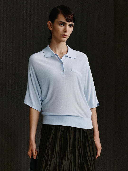 Lyocell Silk Blend Light Blue Polo Collar Top