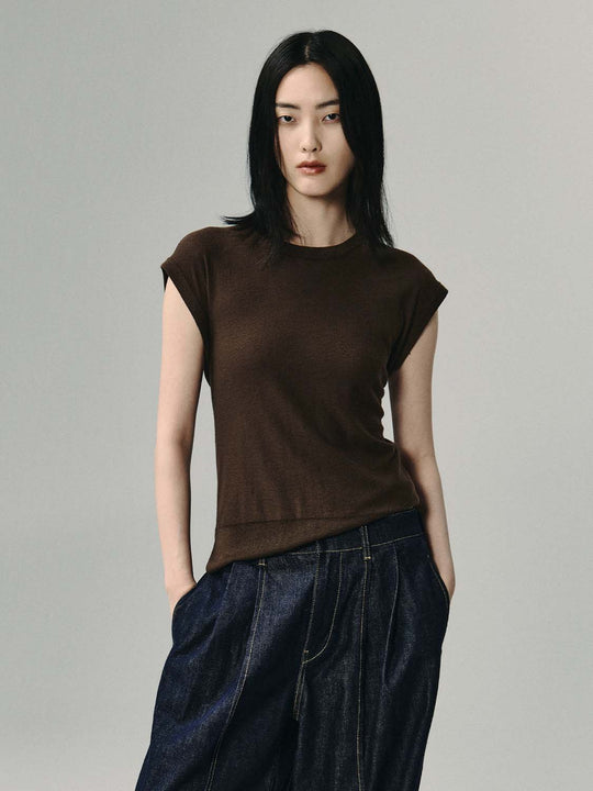 Solid Knit Crew Neck Tie Waist Short Sleeve T-shirt