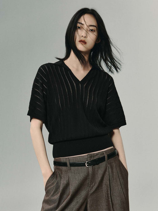 Ribbed Textured Knit V-neck Cotton Shirt