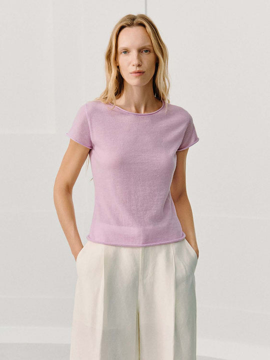 Fitted Knit Crew Neck Short Sleeve Wool Blend T-Shirt