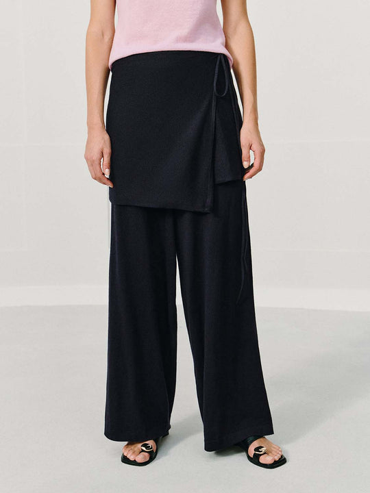Black Front Wrap Panel Detail Knit Wide-leg Pants