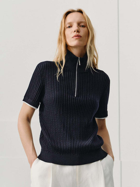 Ribbed Half-zip Mock Neck Short Sleeve T-shirt