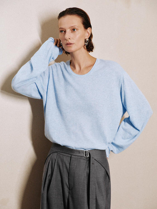 Crew Neck Long Sleeve Knit Cotton Linen T-Shirt