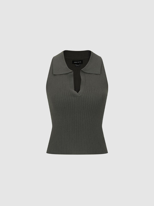 Ribbed Collar Slit Neck Sleeveless Fitted Knit Top