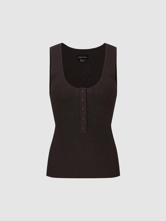 Ribbed Button Front Fitted Square Neck Sleeveless Tank Top