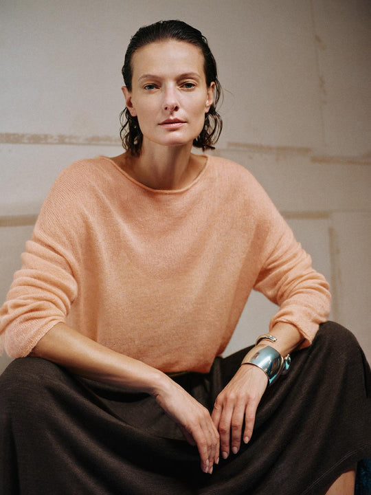 Ribbed Oversized Boat Neck Long Sleeve Wool Blend Sweater