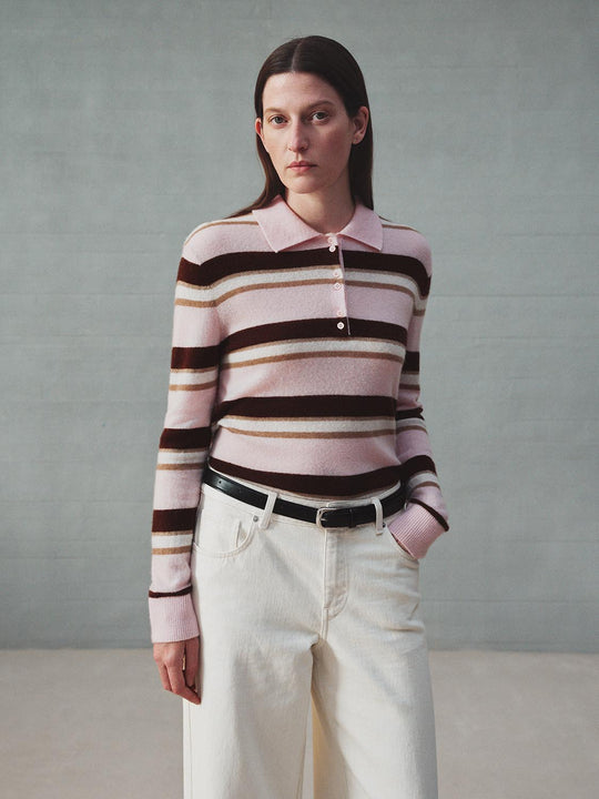 Striped Long Sleeve Polo Collar Fitted Knit Sweater