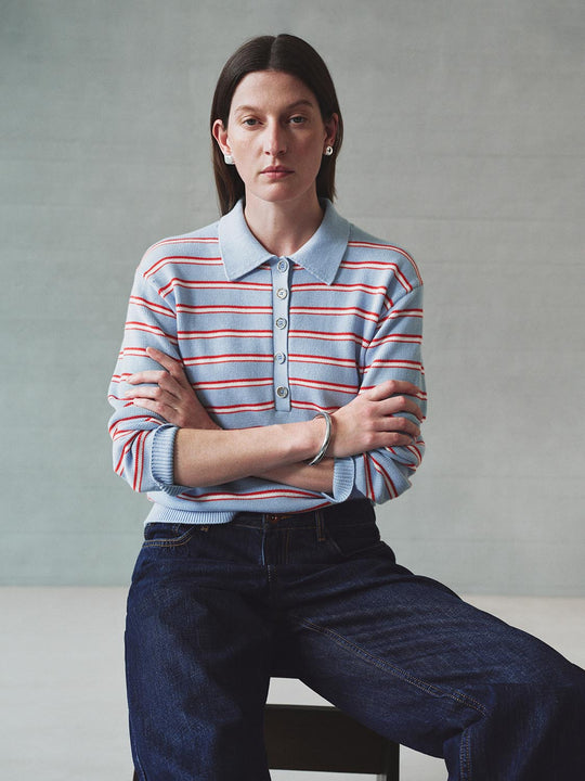 Striped Long Sleeve Polo Collar Cotton Blend Knit Top
