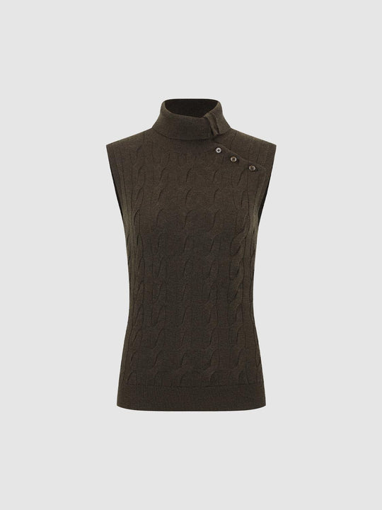 Cable Knit Asymmetric Button Mock Neck Sleeveless Vest