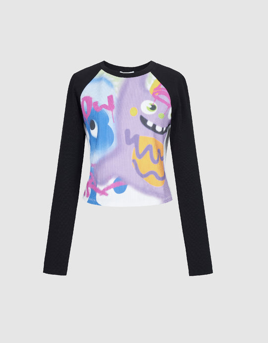 Cartoon Printed Crew Neck Knitted T-Shirt