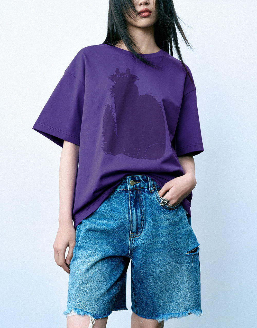 Cat Printed Crew Neck Loose T-Shirt