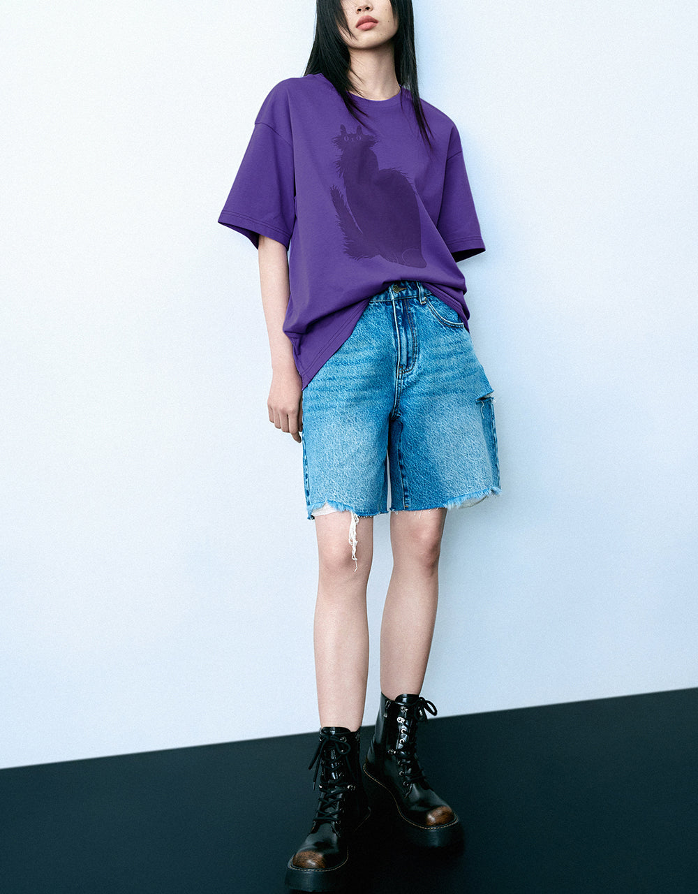 Cat Printed Crew Neck Loose T-Shirt