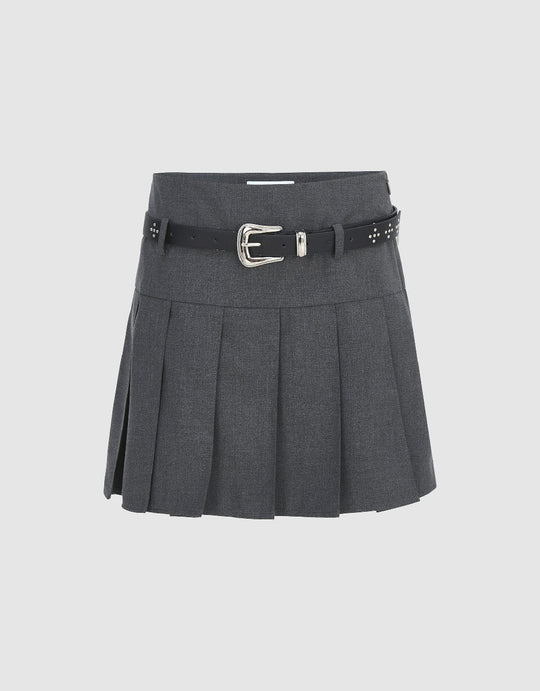 Pleated Mini A-Line Skirt With Belt
