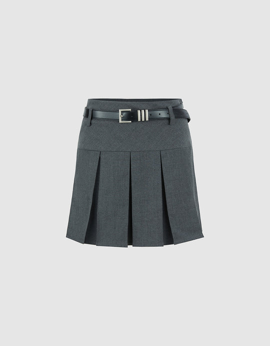 Pleated Mini A-Line Skirt With Belt
