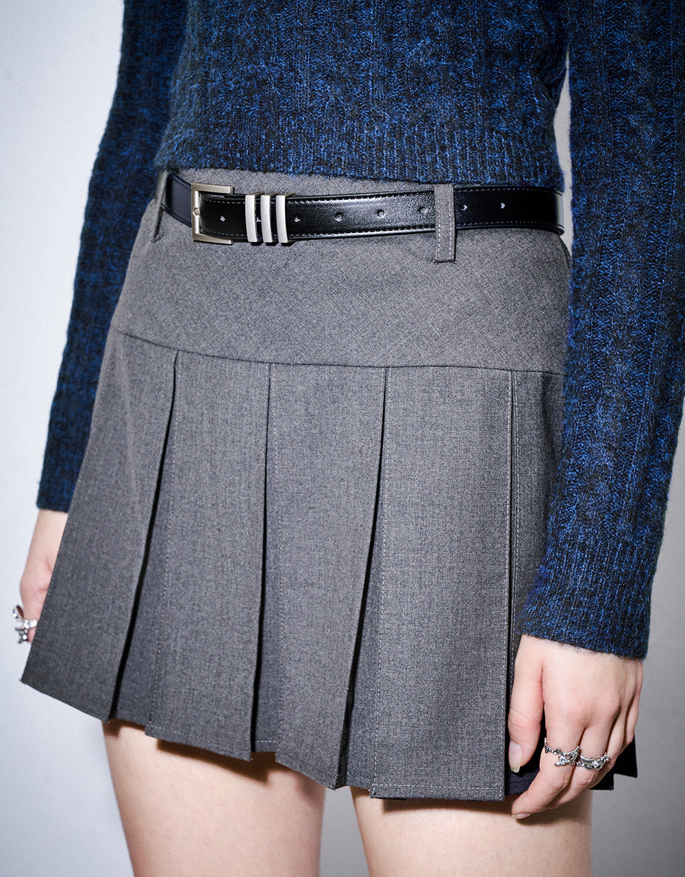 Pleated Mini A-Line Skirt With Belt