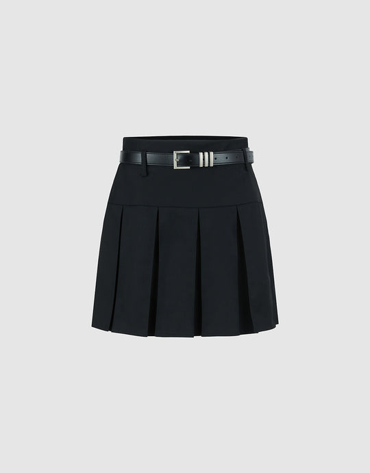 Pleated Mini A-Line Skirt With Belt