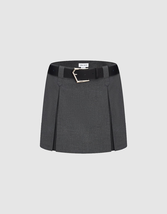 Mini Pleated Straight Skirt With Belt