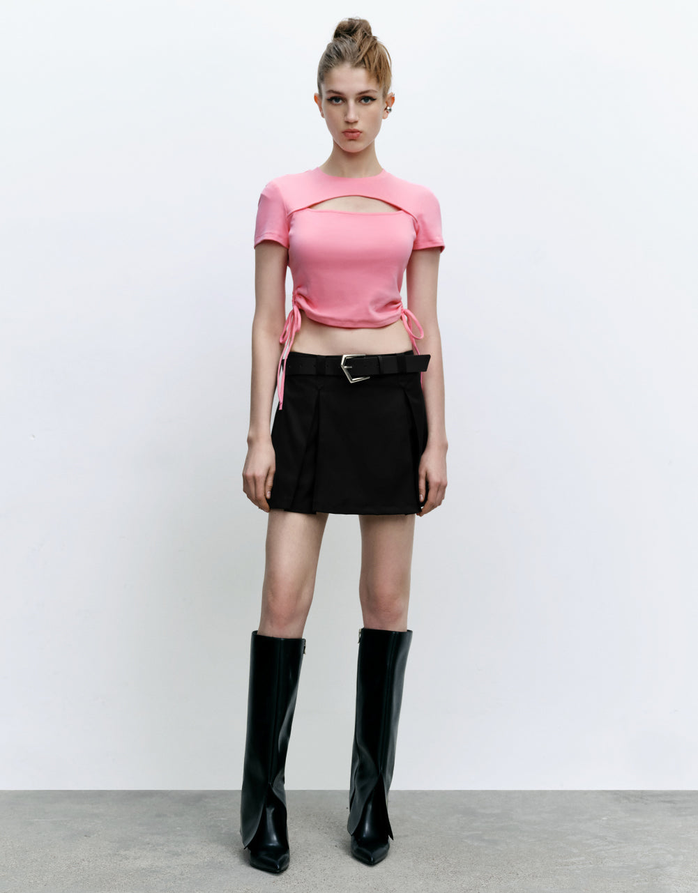 Mini Pleated Straight Skirt With Belt