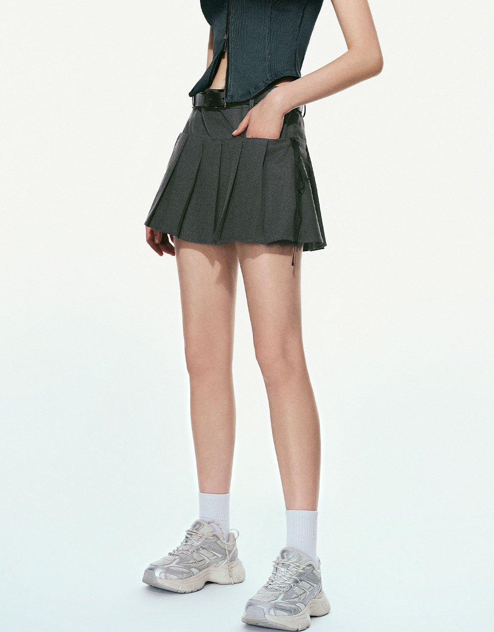 Pleated Mini A-Line Skirt With Belt