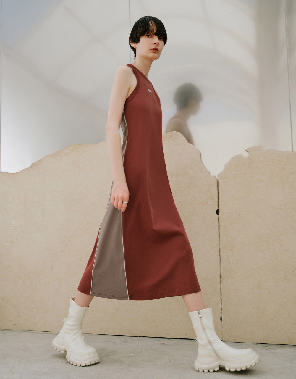 Contrast Sleeveless Crew Neck A-Line Dress