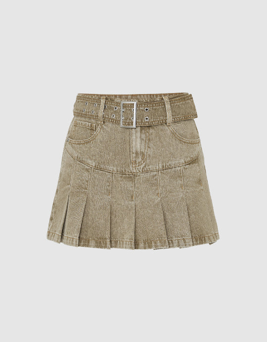 Pleated Mini A-Line Denim Skirt