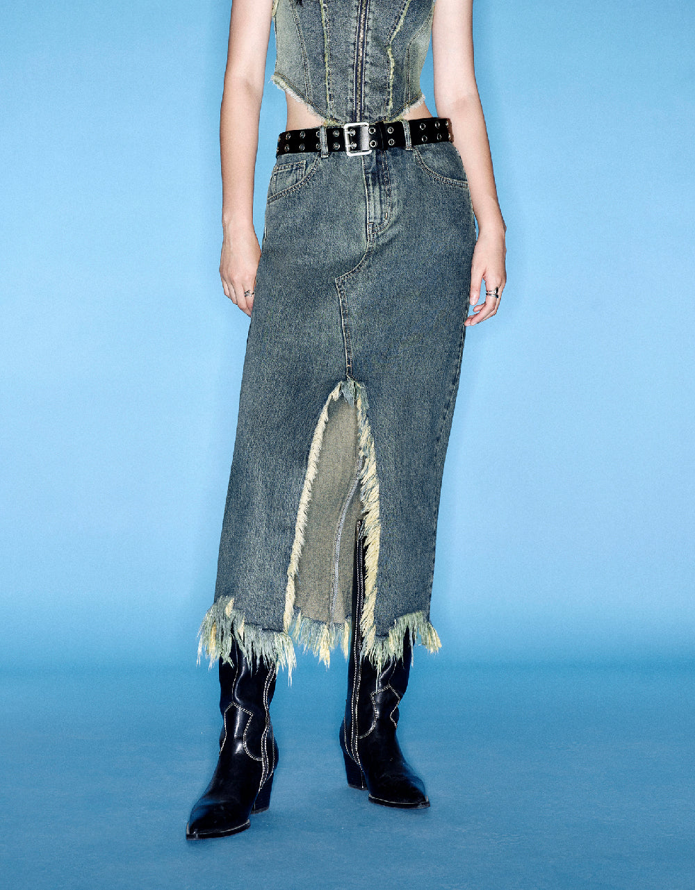 Raw Hem Straight Denim Skirt