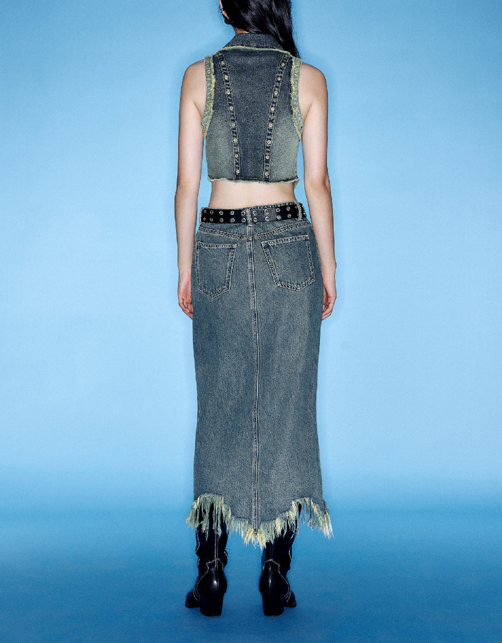Raw Hem Straight Denim Skirt