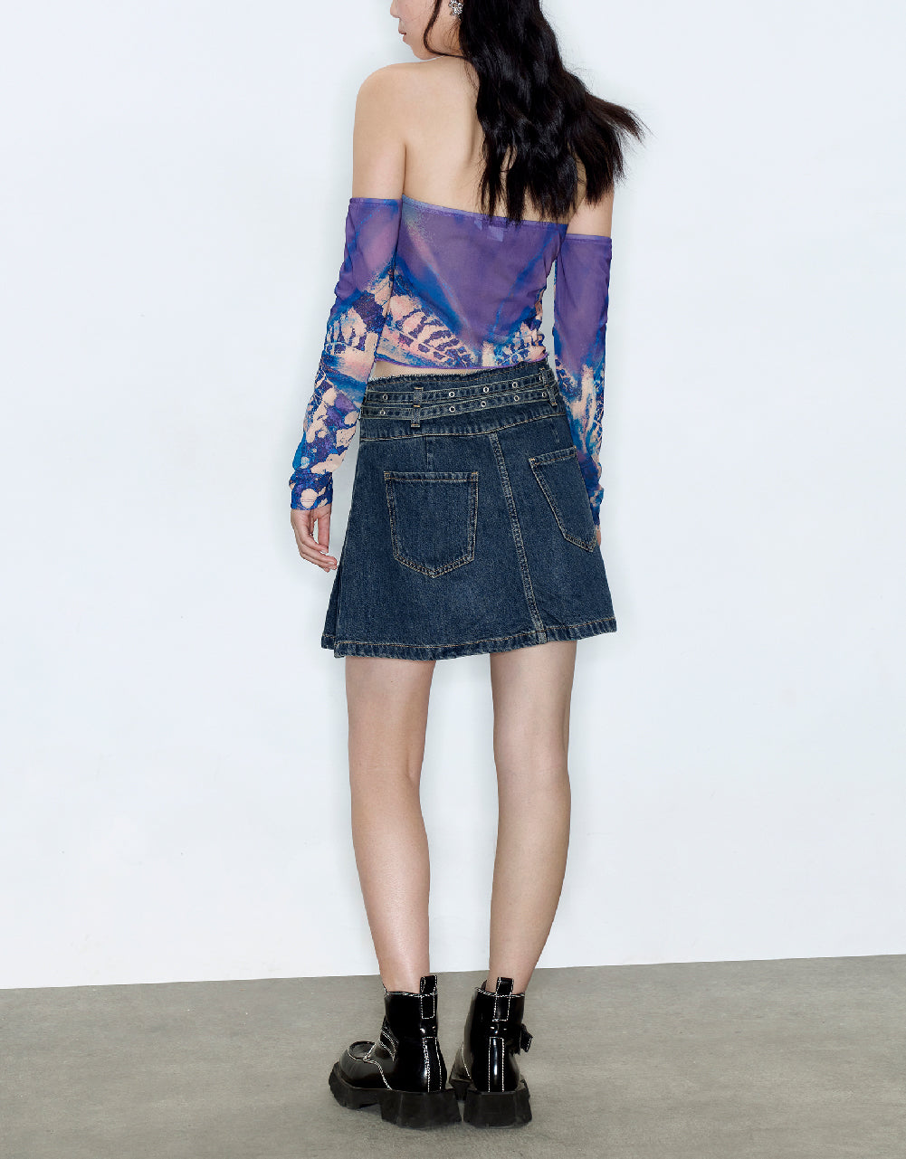 Pleated Mini A-Line Denim Skirt