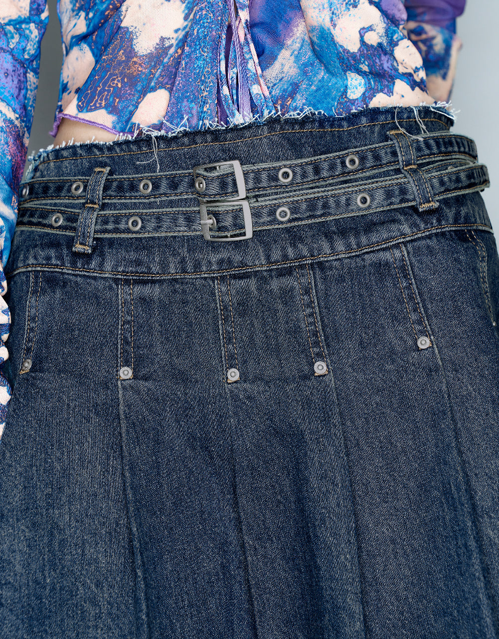 Pleated Mini A-Line Denim Skirt