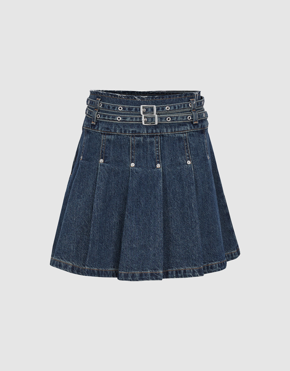 Pleated Mini A-Line Denim Skirt