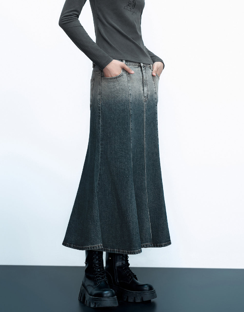 Midi Fishtail Denim Skirt