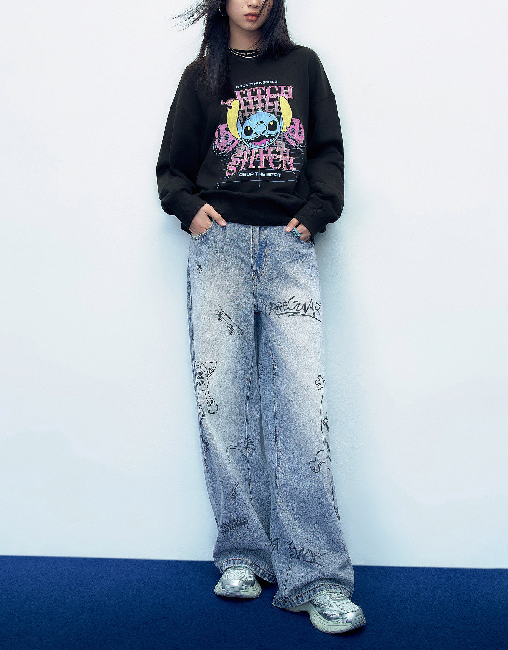 Cartoon Printed Wide-Leg Jeans