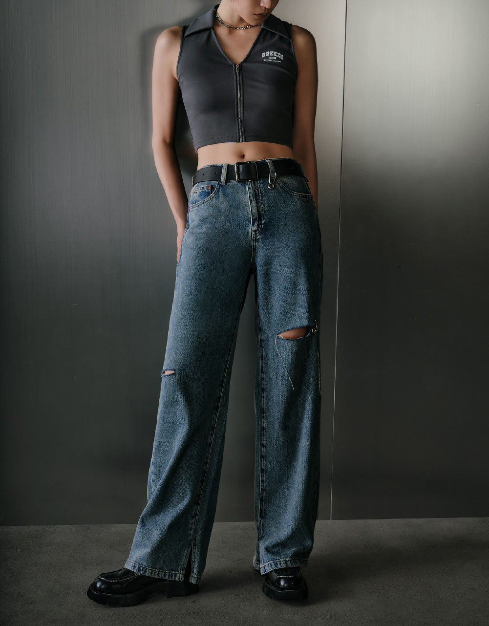 Mid-Waist Ripped Jeans