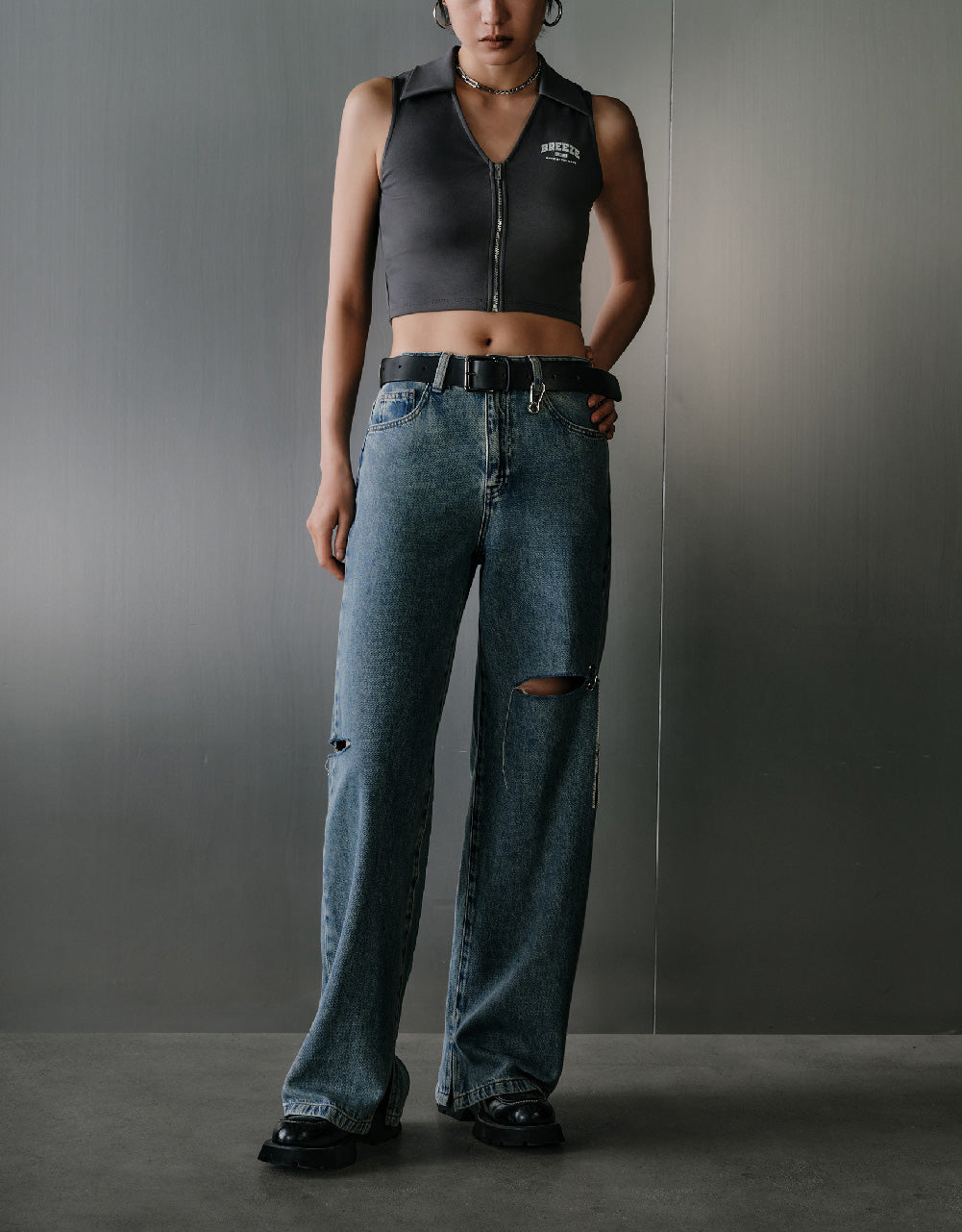 Mid-Waist Ripped Jeans