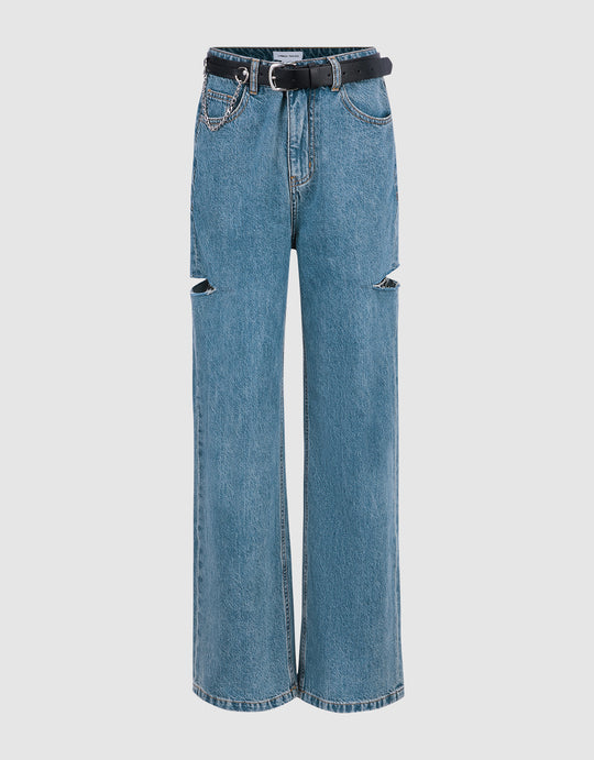 Cut-Out Straight Jeans With Belt