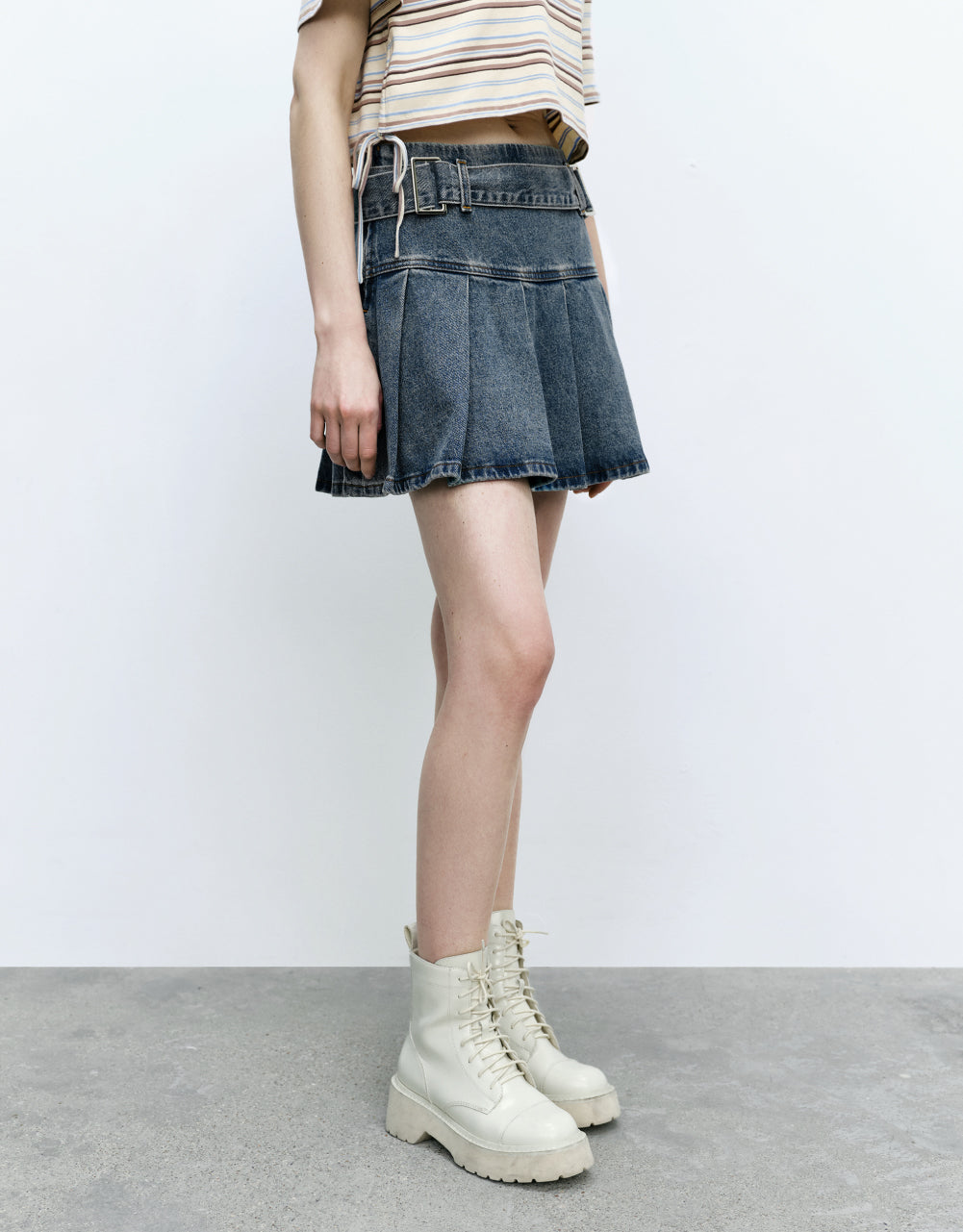 Pleated Mini Denim Skirt With Belt