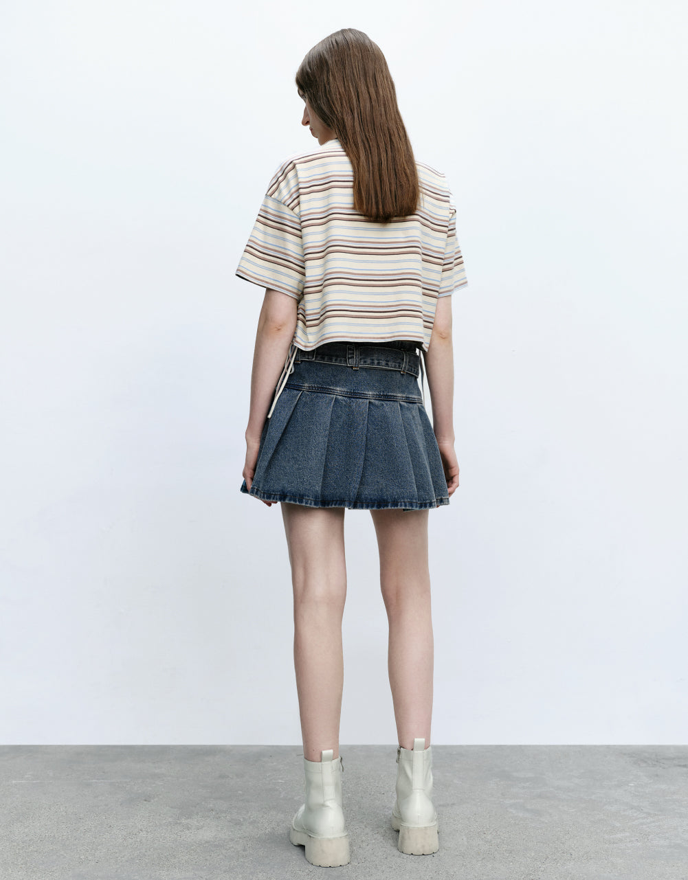 Pleated Mini Denim Skirt With Belt