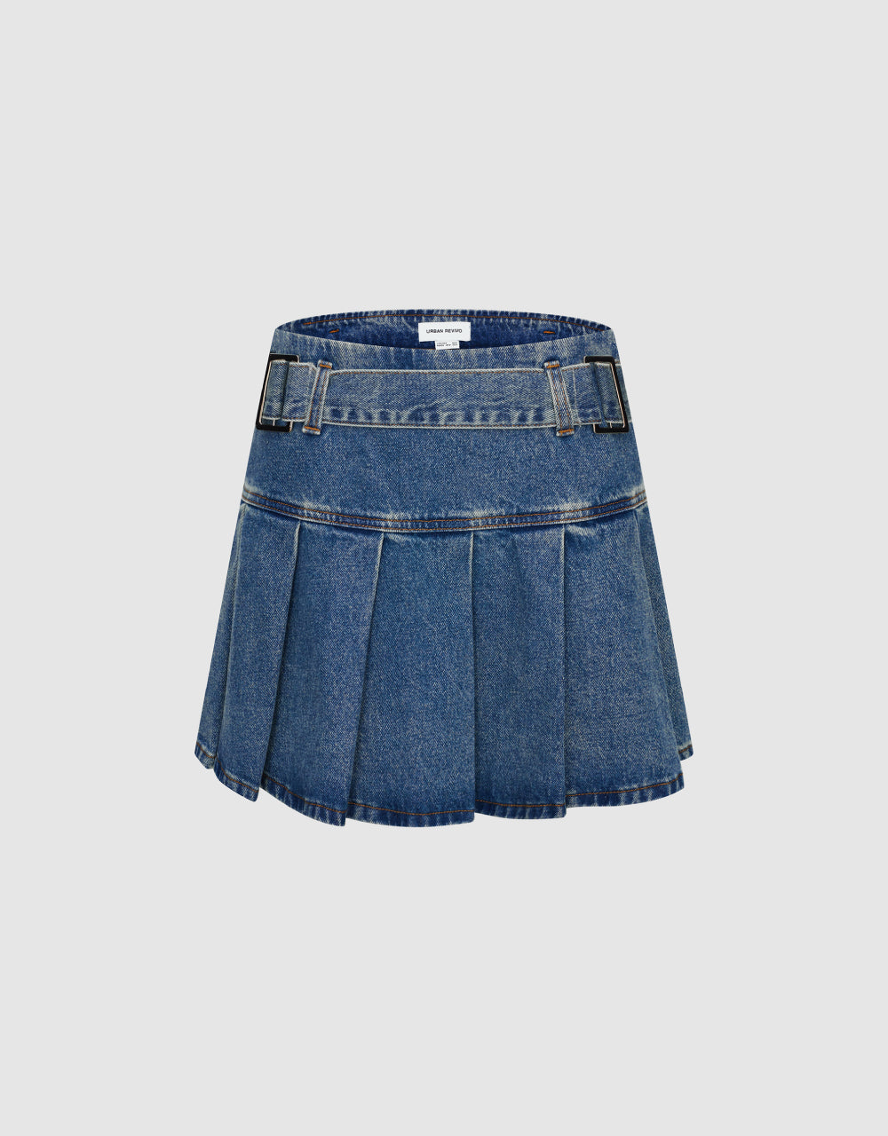 Pleated Mini Denim Skirt With Belt