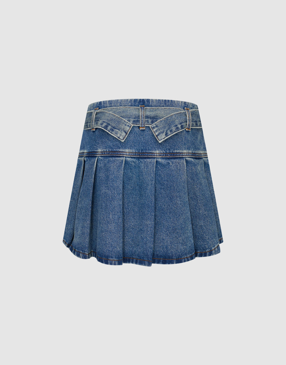 Pleated Mini Denim Skirt With Belt