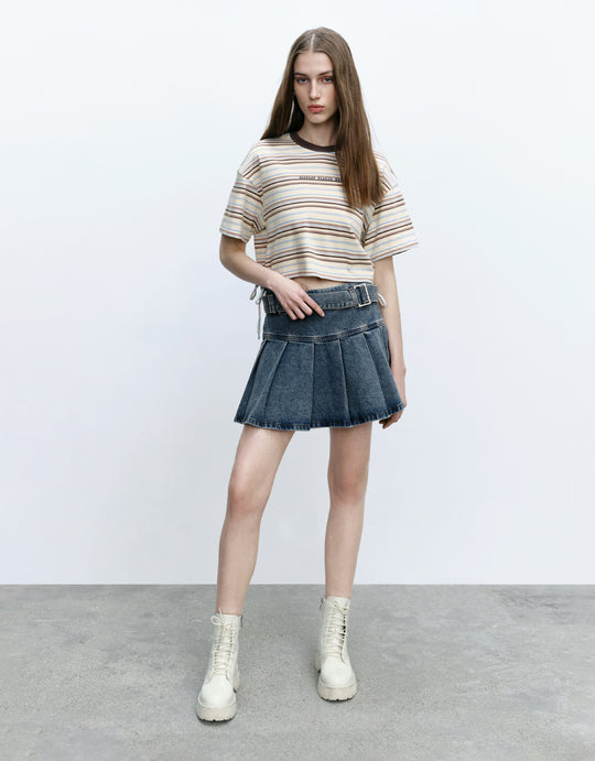 Pleated Mini Denim Skirt With Belt