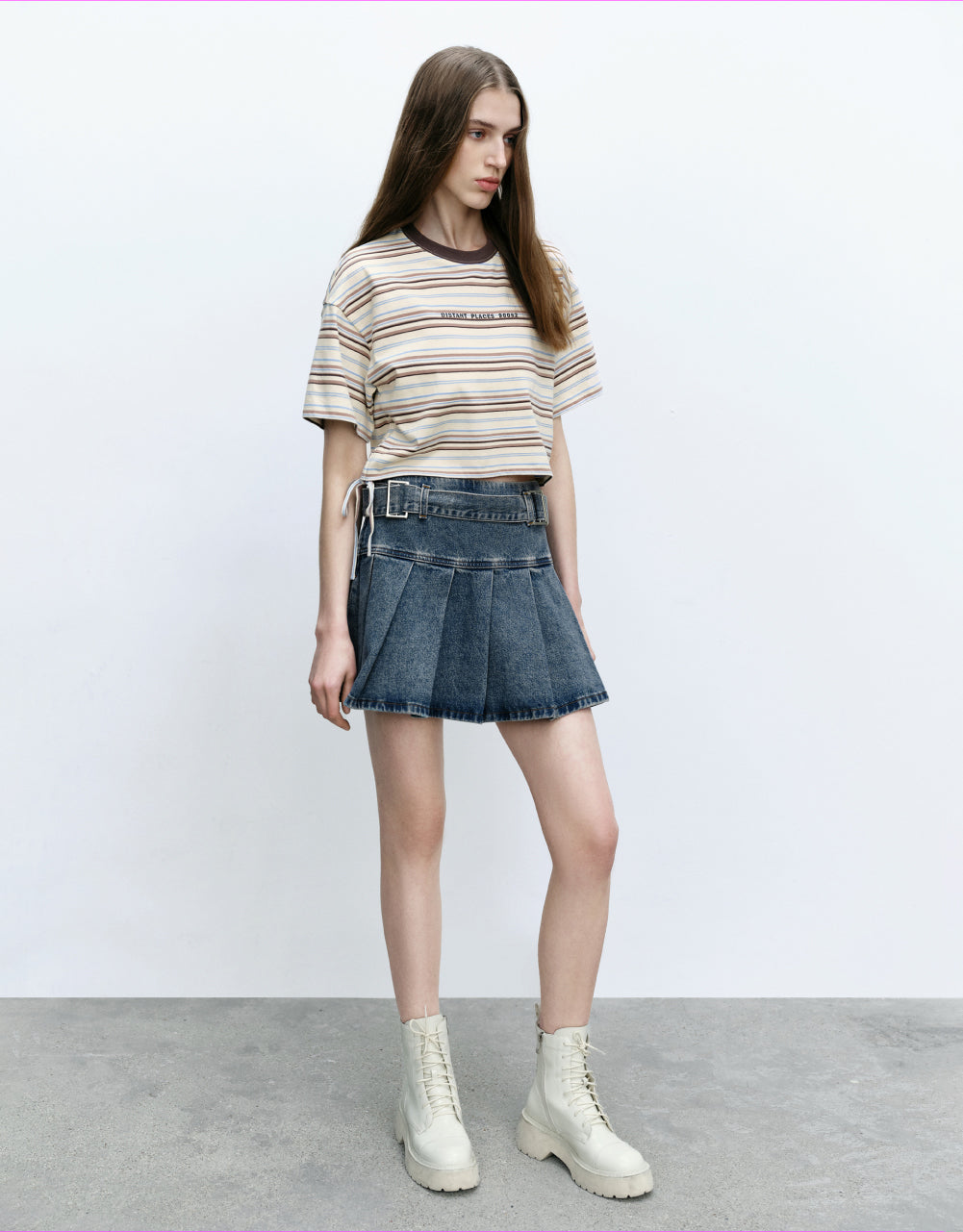 Pleated Mini Denim Skirt With Belt
