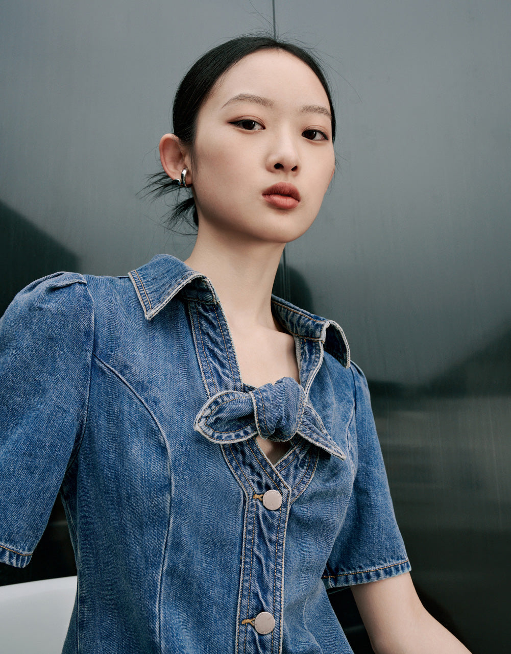 Shirt Sleeve V-Neck Denim Dress
