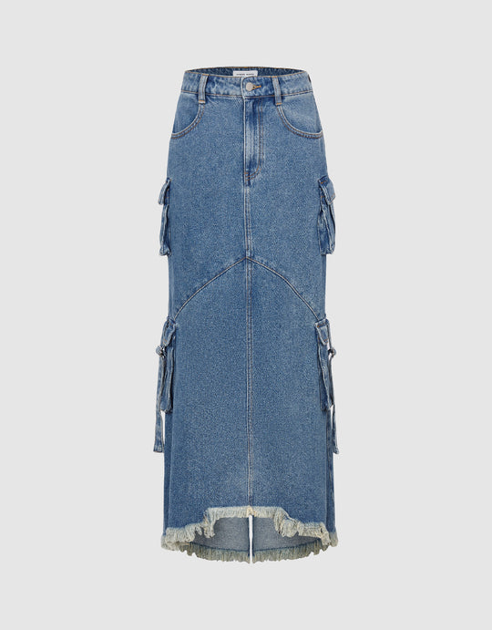 Raw Hem Denim Skirt With Pockets