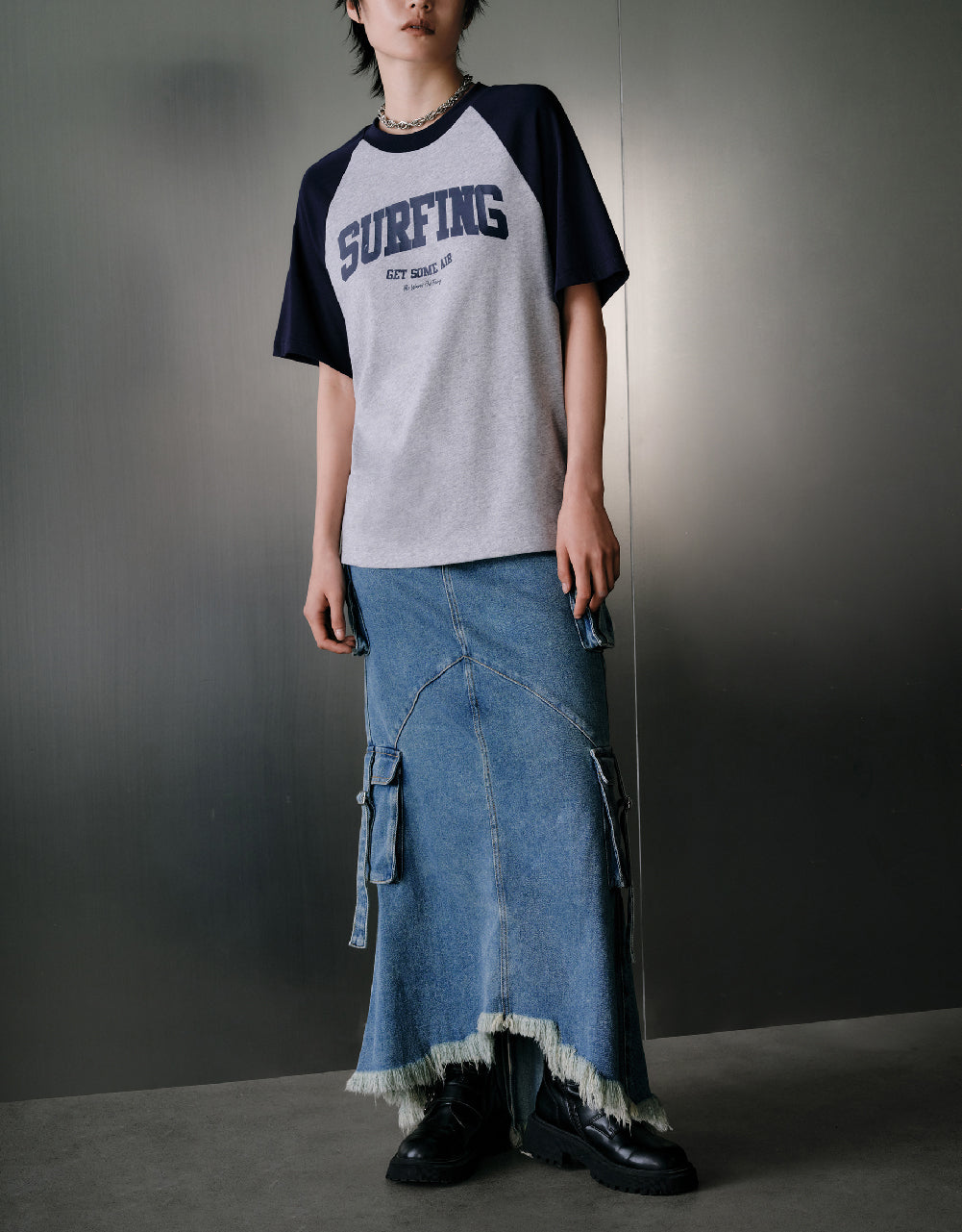 Raw Hem Denim Skirt With Pockets