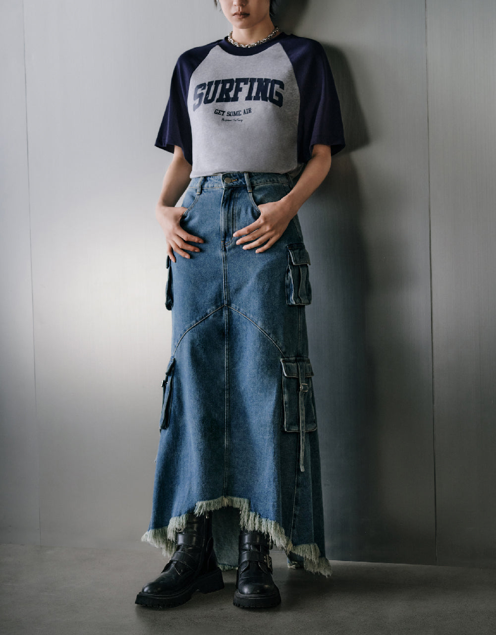 Raw Hem Denim Skirt With Pockets