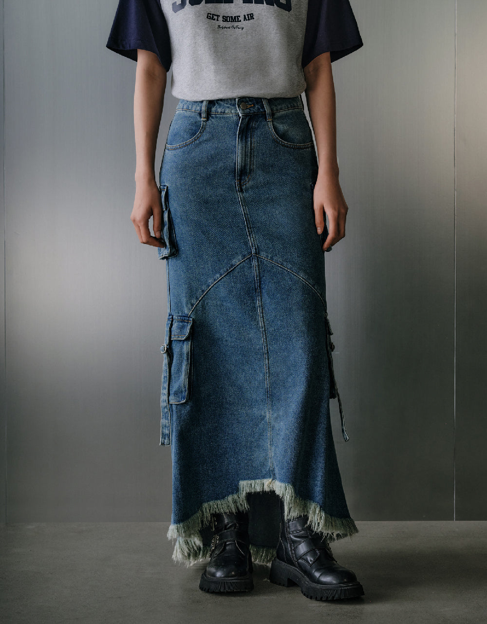 Raw Hem Denim Skirt With Pockets