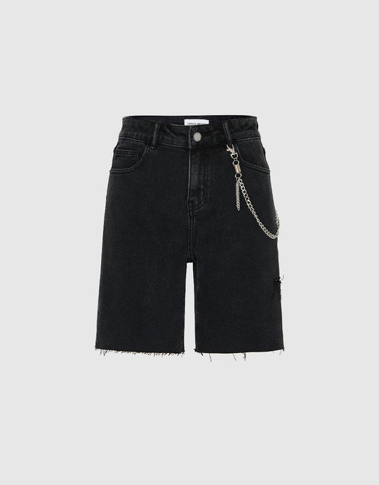 Raw Hem Denim Shorts With Chain