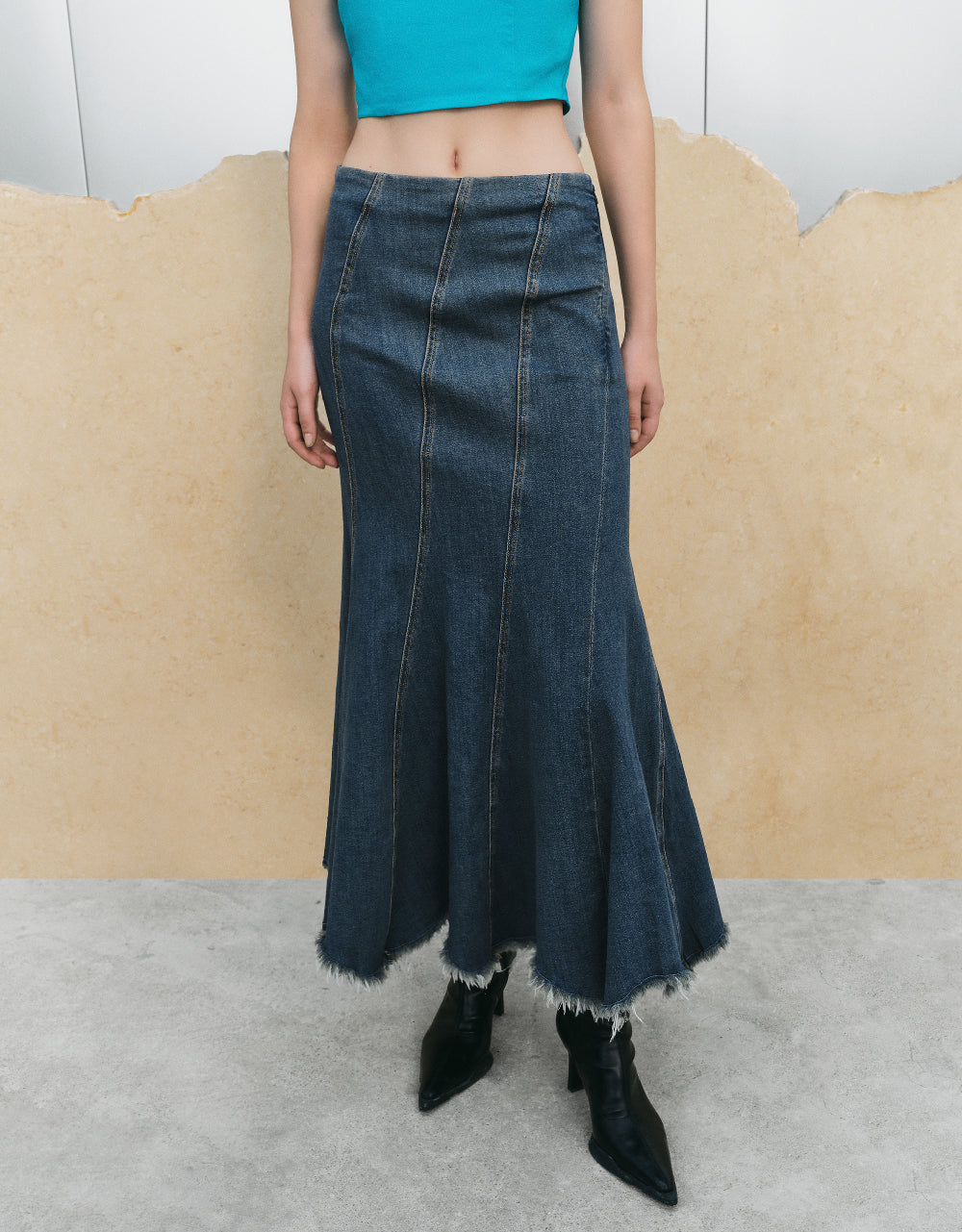Raw Hem Fishtail Denim Skirt