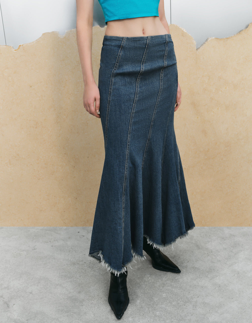 Raw Hem Fishtail Denim Skirt